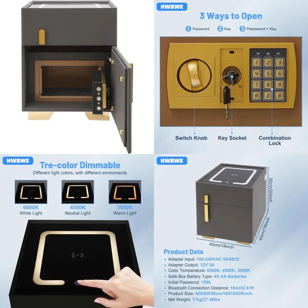 โต๊ะข้างเตียงพร้อมไฟ LED ชาร์จไร้สาย พร้อมกุญแจล็อคแบบผสมผสาน โต๊ะอเนกประสงค์ทันสมัยพร้อมไฟ LED 3 สี และที่เก็บของที่ปลอดภัย