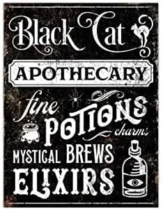 Black Cat Apothecary Fine Potions & Elixirs Creepy Tin Sign Gothic Halloween Metal Wall Art for Indoor Outdoor Home Decor R sign