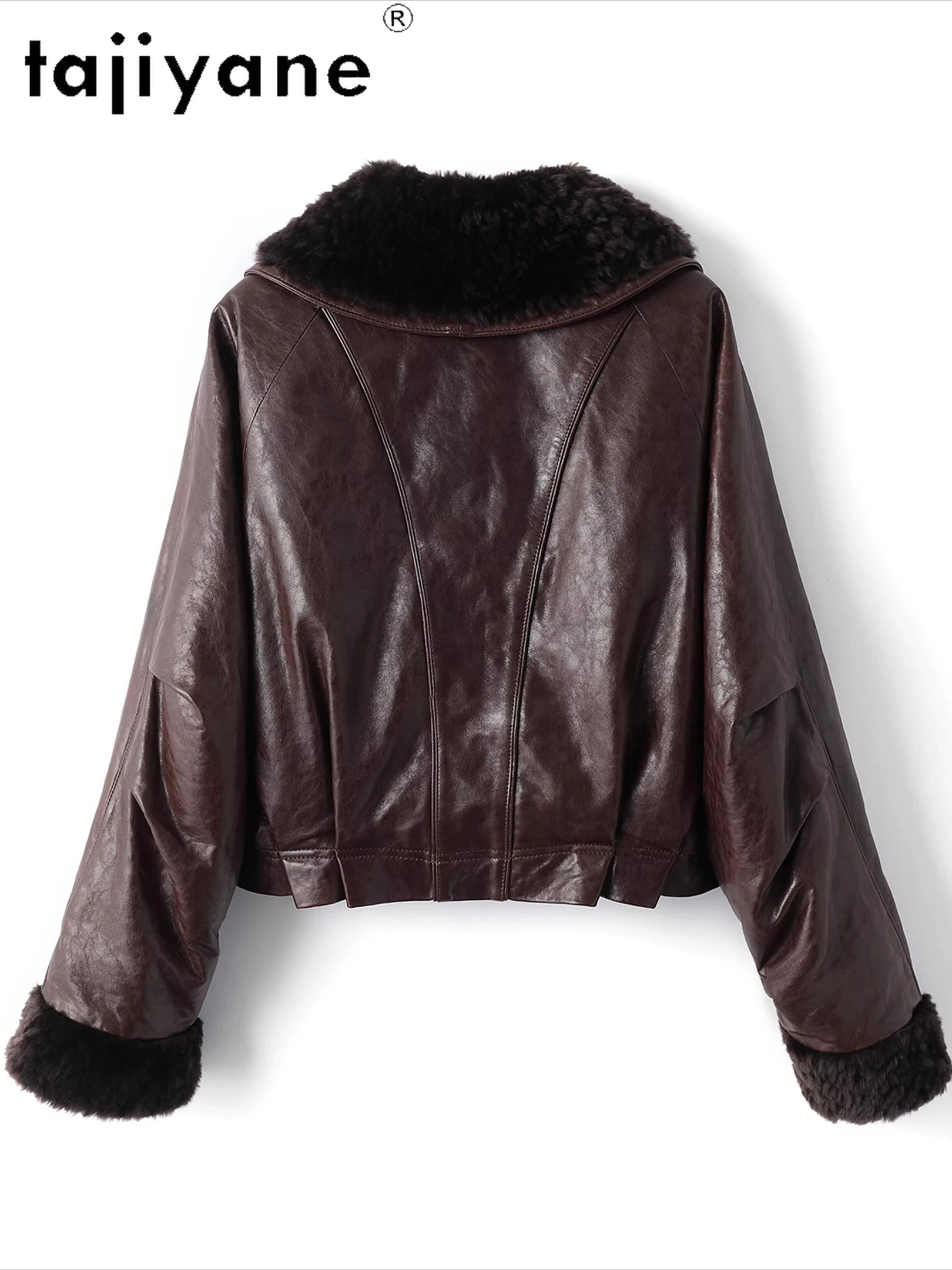 TAJIYANE Ölwachs-Schaffell-Gänsedaunenjacke für Damen, kurze Pufferjacken aus echtem Leder, Wollkragen-Mantel, 2025, Winterkleidung ), Pinter