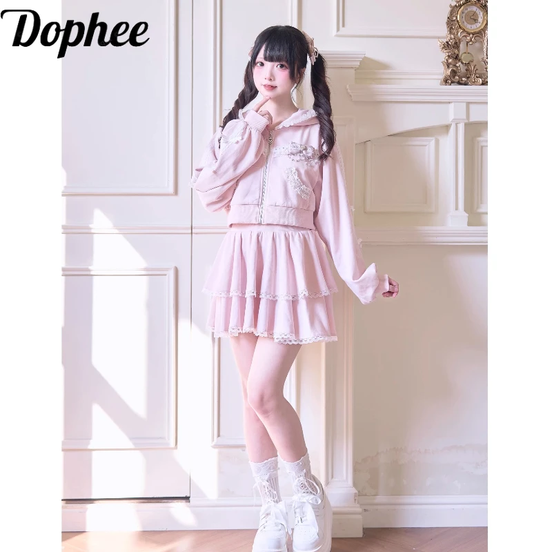 

Спортивный костюм Лолиты в японском стиле с бриллиантами и бантом, короткие кардиганы с капюшоном, пальто, кружевная мини-юбка, прямые брюки, женский комплект