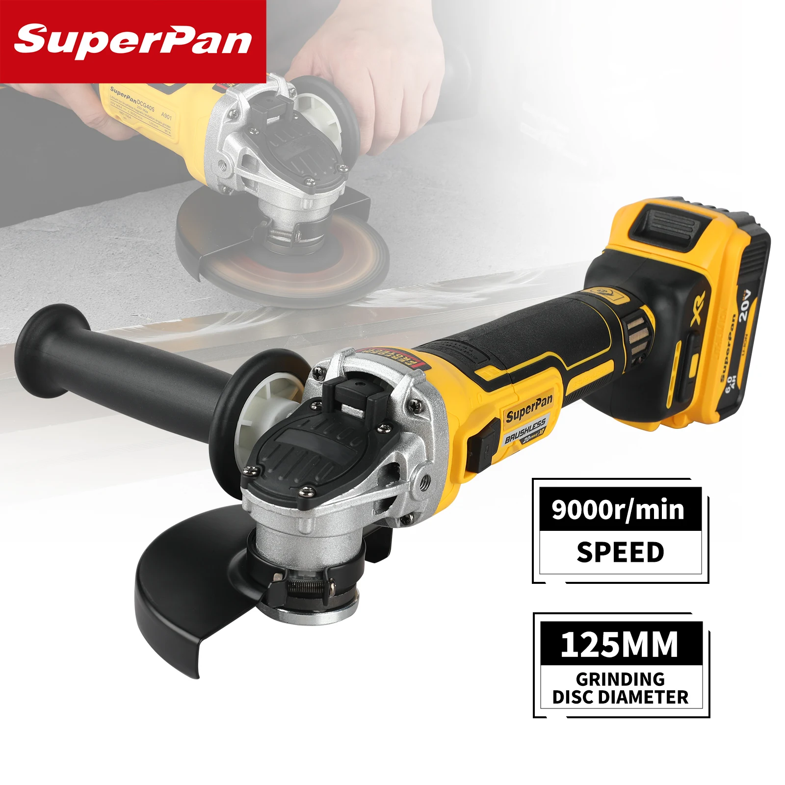 

SUPERPAN DCG405 18V Brushless Bare Angle Grinder – 125mm Flat Head Cutting Machine Power Tool