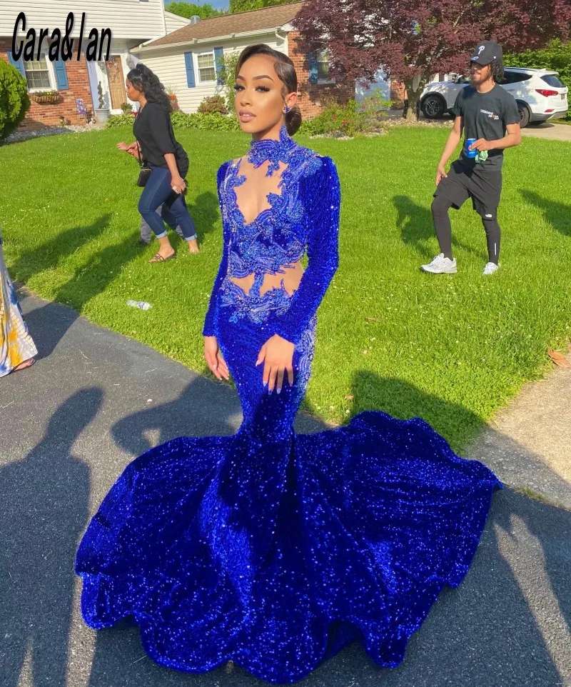 Royal Blue Prom Dress 2024 For Black Girls Long Sleeves Applique Women Party Dresses Robes De Bal Evening Gowns Customized