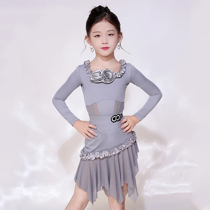 

Kids Latin Dance Practice Clothes Girls Gray Long Sleeves Suit Cha Cha Rumba Ballroom Dance Dress Performance Costume BL13610