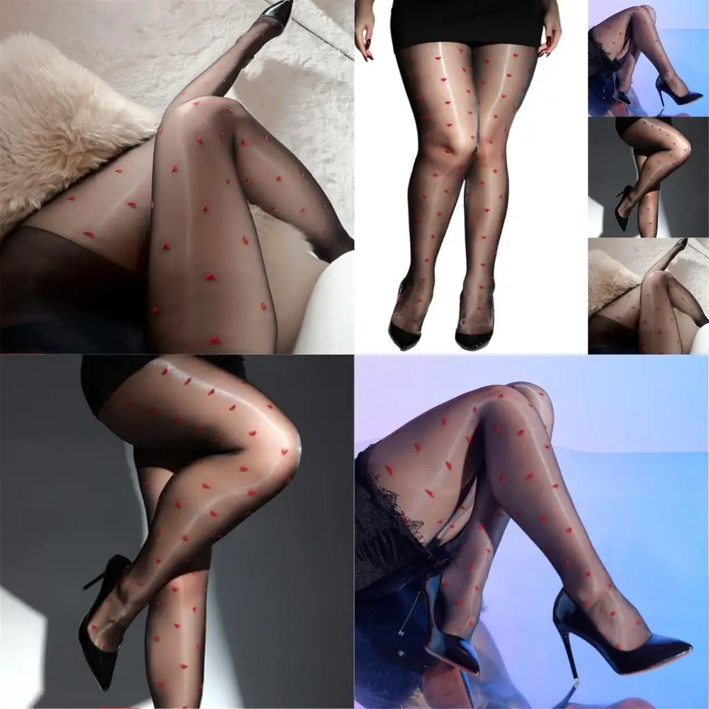 

M6CD Women's Matte Red Heart Sheer Pantyhose Soft Nylon Tights With Comfortable Fit Oil Shimmery Tights