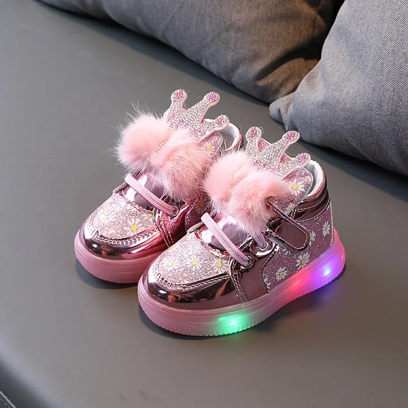 Girls Glowing Sneakers with LED Light Fashion Soft Fluffy Bow-knot with Crown Princess Flowers Children Glitter Luminous Shoes