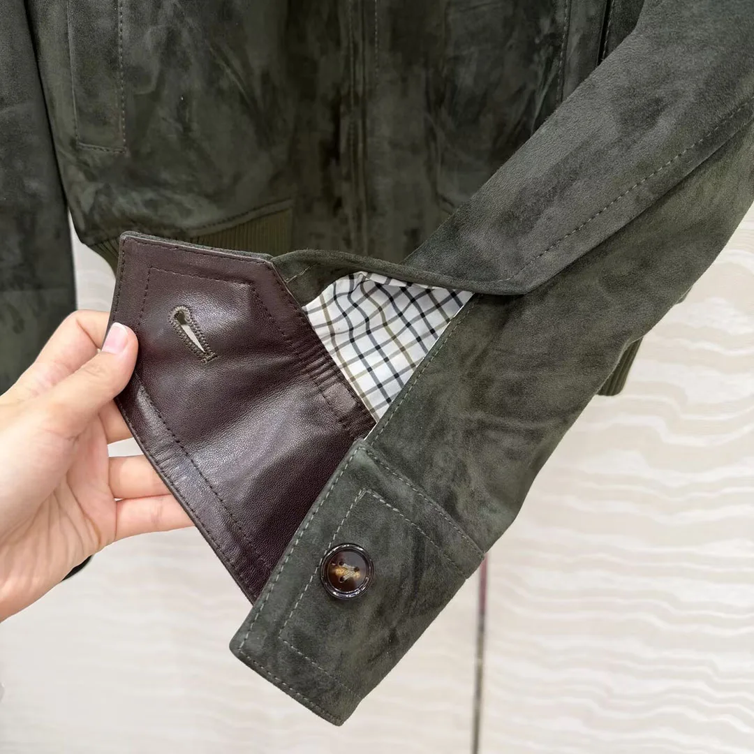 Giacca in pelle di pecora scamosciata 100% di alta qualità da donna all'uncinetto in vera pelle con risvolto manica lunga cerniera cappotto allentato verde militare vintage