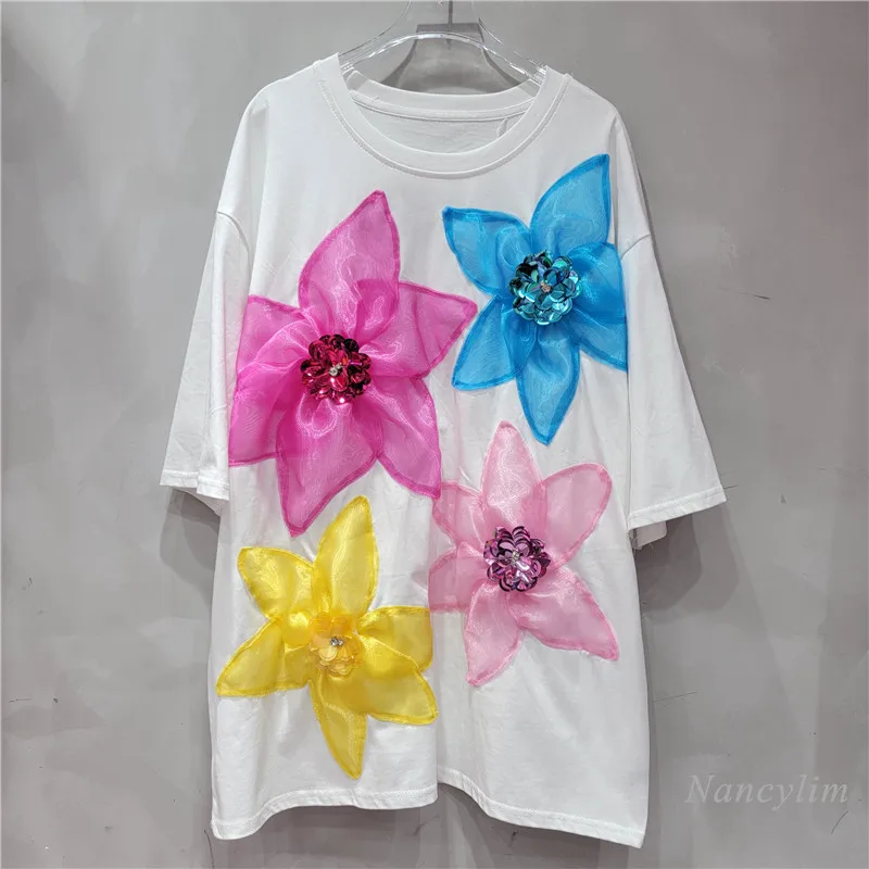 European Style Oversized Tshirt Women 2024 Summer New Three-Dimensional Large Flower Beaded Loose Short Sleeve T-Shirt Tops