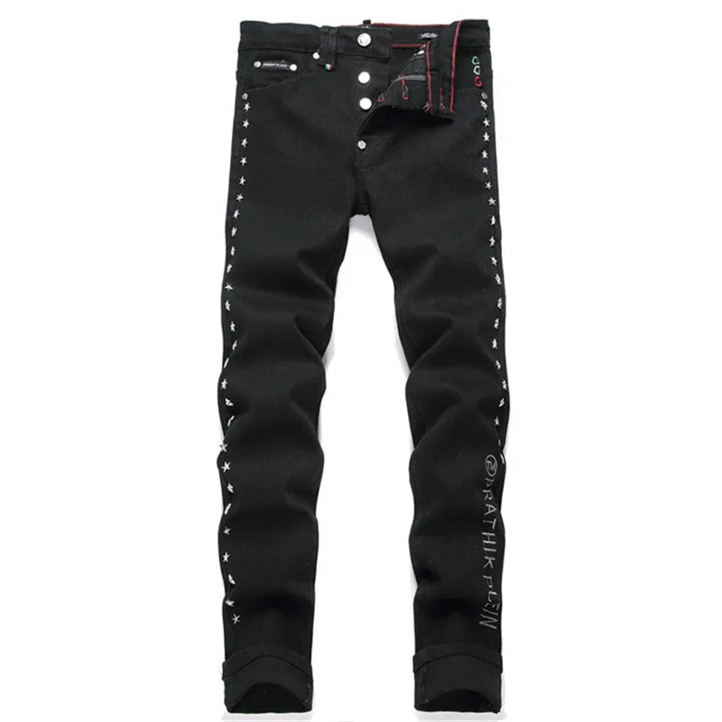 2024 New Punk Style Black Embroidered Men's Jeans Fashion Willow Nails Mid-Waist Slim Stretch Pants