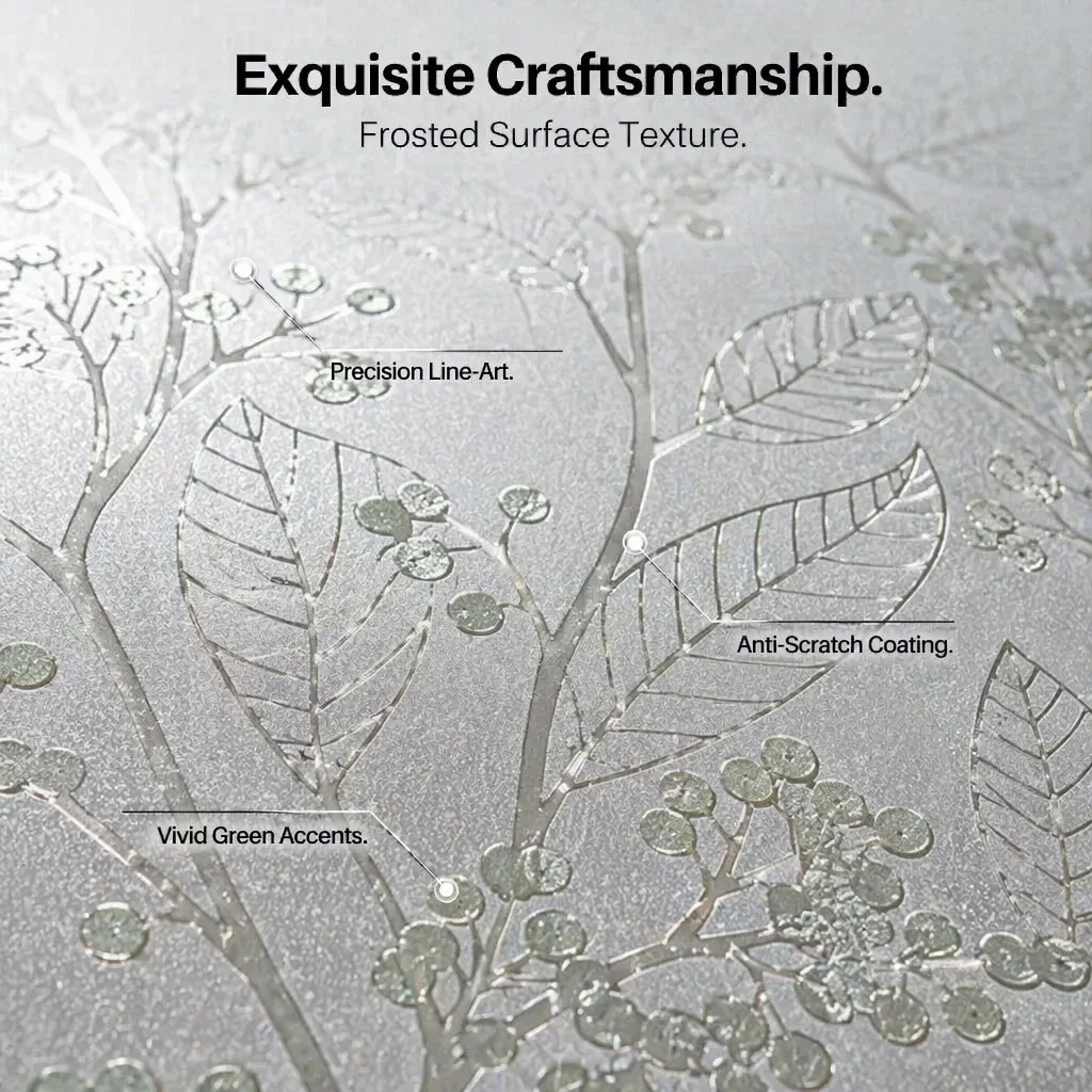 Elegant White Repeating Botanical Vine Leaf Berry Self Adhesive Frosted Window Film High Opacity 24H Privacy Protection 96% UV