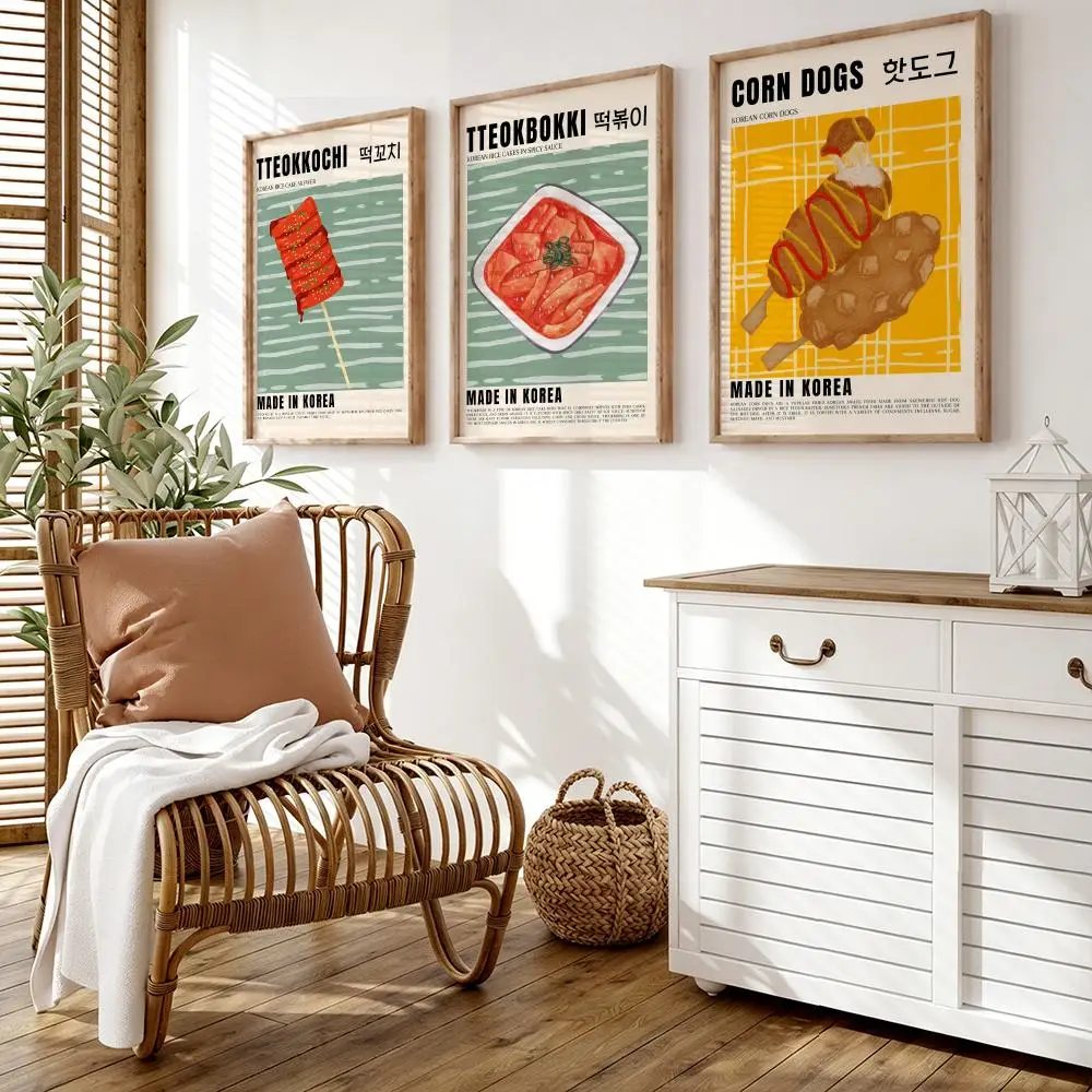 Retro Korean Colorful Food Kimchi Soju Makgeolli Poster Wall Stickers HD Painting Self Adhesive Art for Bedroom Room Home Decor