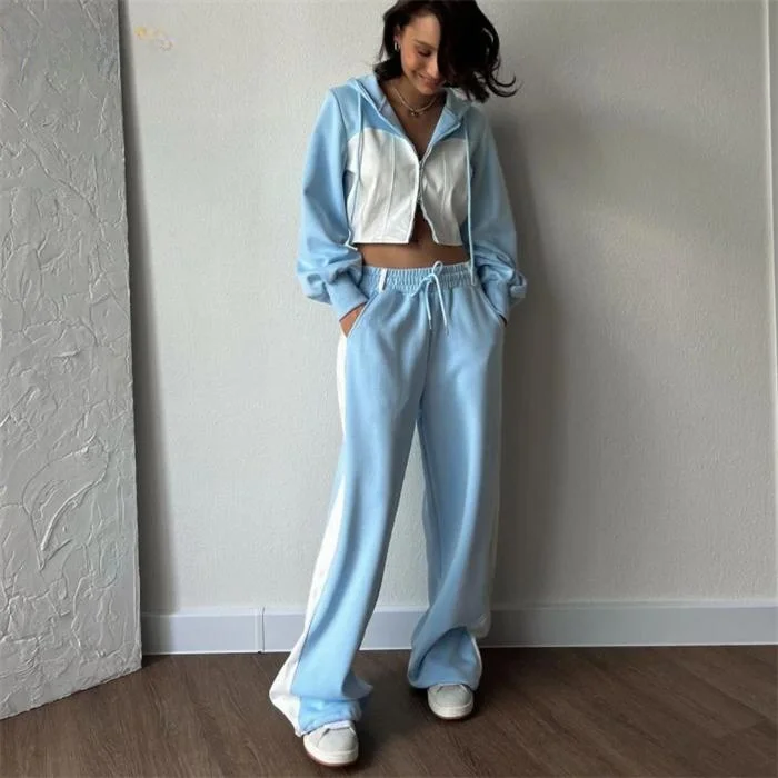 Damski zestaw sportowy: bluza z kapturem, spodnie, komplet dresowy, długi rękaw, zapinany na zamek, strój rekreacyjny, dwuczęściowy komplet.