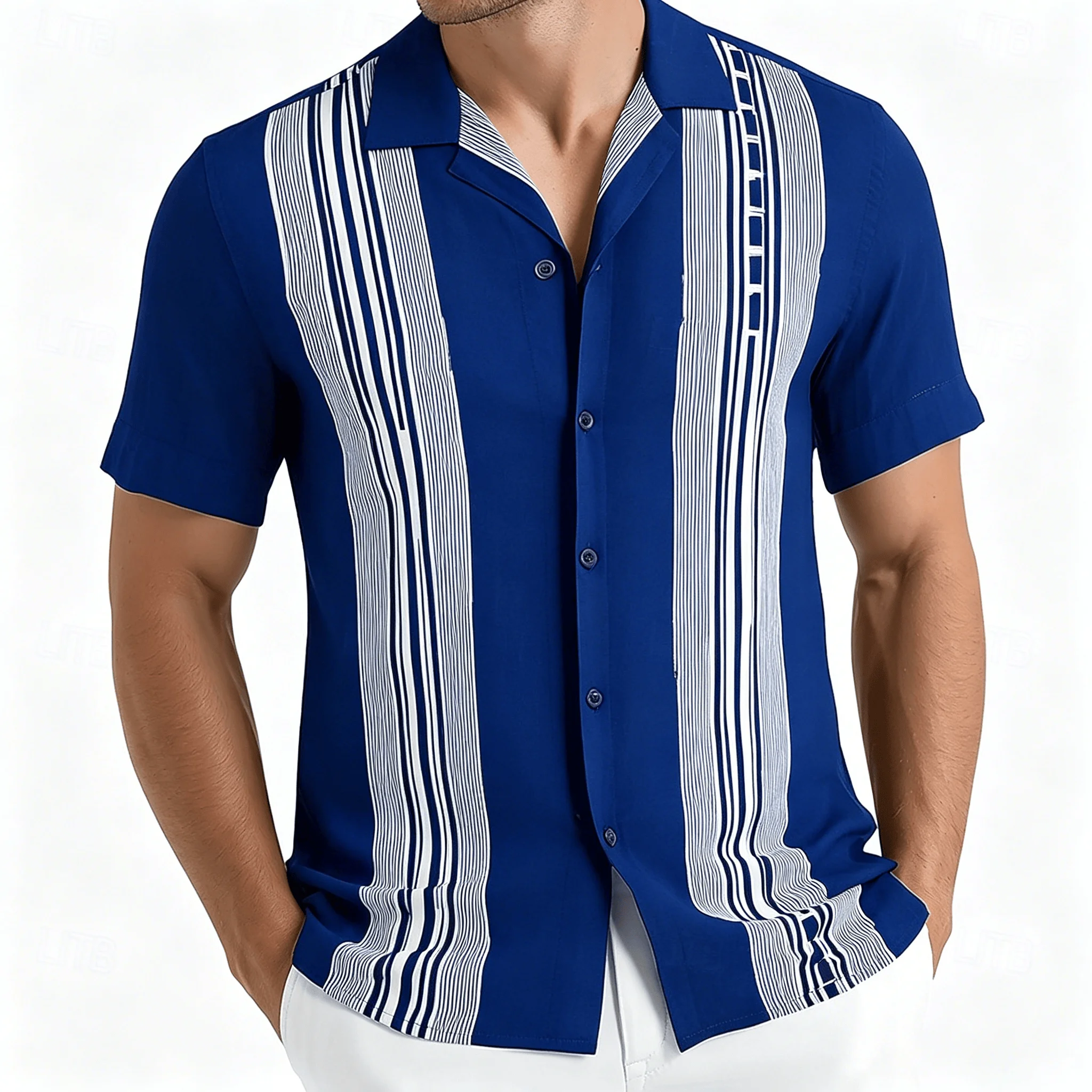 Men's Vintage Striped Short Sleeve Shirt, Bohemian Vertical Stripe Design, Beach Vacation Casual Wear for Men
