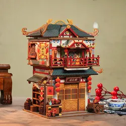 DIY Wooden Model Building Kits Chinese Ancient Restaurant Inductive Storage Box City Street View 3D Puzzle Toys for Adults Gifts