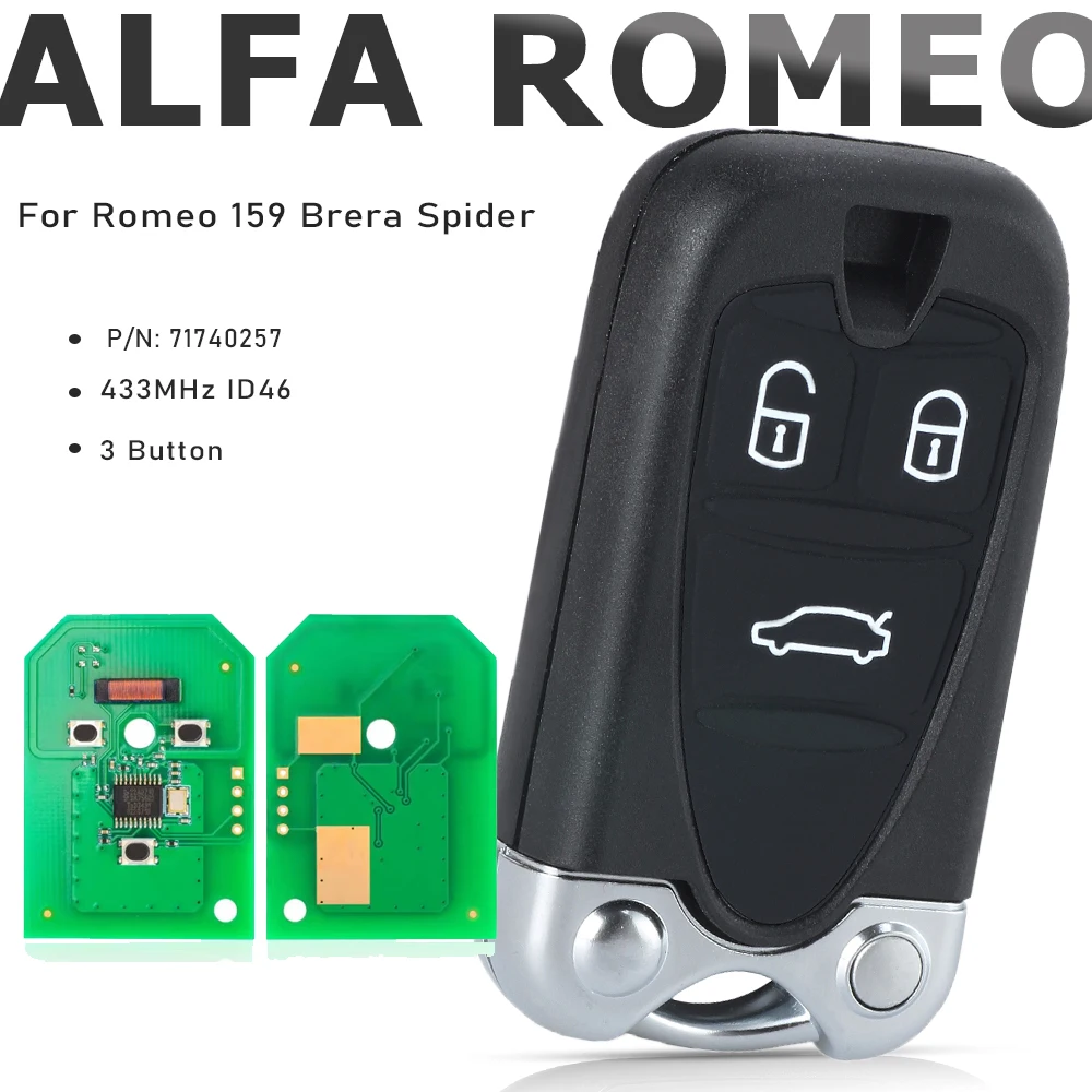 KEYECU 3 Buttons 433MHz ID46 for Alfa Romeo 159 Brera Spider 2005 2006 2007 2008 2009 2010 2011 Smart Key Remote PN 71740257
