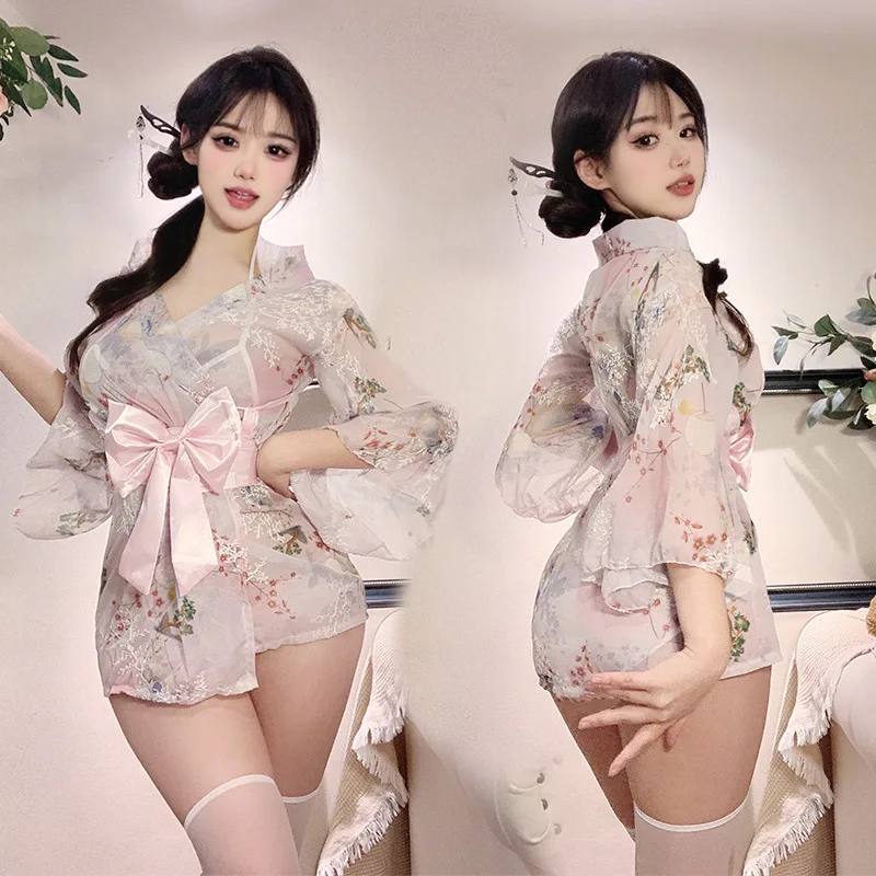 透ける和装カシュクール:サテン帯リボンのミニローブ