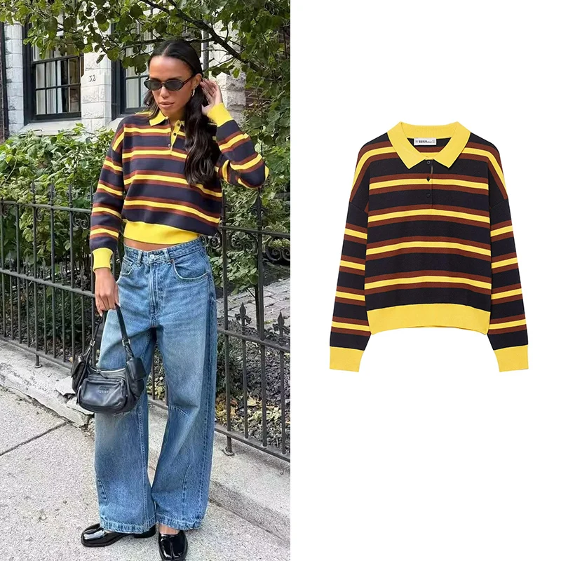 2025 nuevas camisetas de punto con cuello tipo Polo, suéter de otoño para mujer, Jersey de punto a rayas a la moda, Tops elegantes para vacaciones para mujer