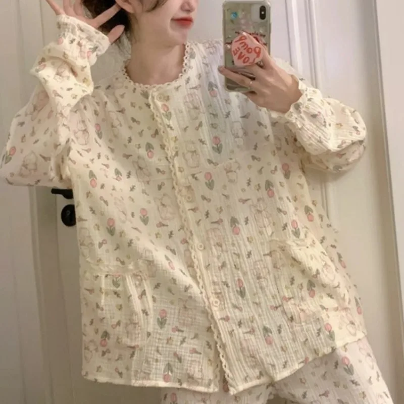 2-teiliges Set Frühling Sommer Damen Süßer Lässiger Pyjama Mädchen Hasen-Blumenmuster Hauskleidung Damen Geknitterte Stoffe Heimkleidung Loungewear