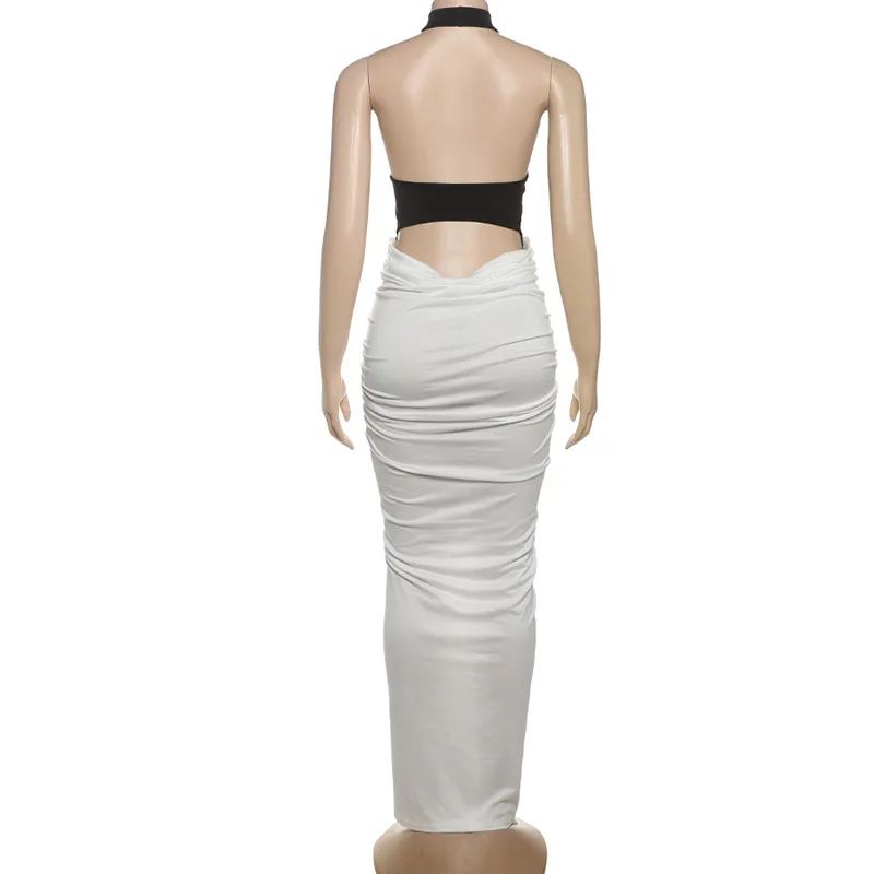 Cor retalhos ruched bodycon maxi vestido de festa feminino sexy sem mangas halter sem costas magro aniversário longo robe banquete outfits