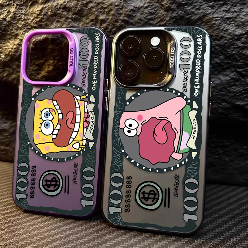 Plating Matte Hard Shockproof Case for iPhone 16 15 14 13 12 11 Pro Max XS X XR 8 7 Plus SE 2020 S-SpongeBob Banknotes Cover