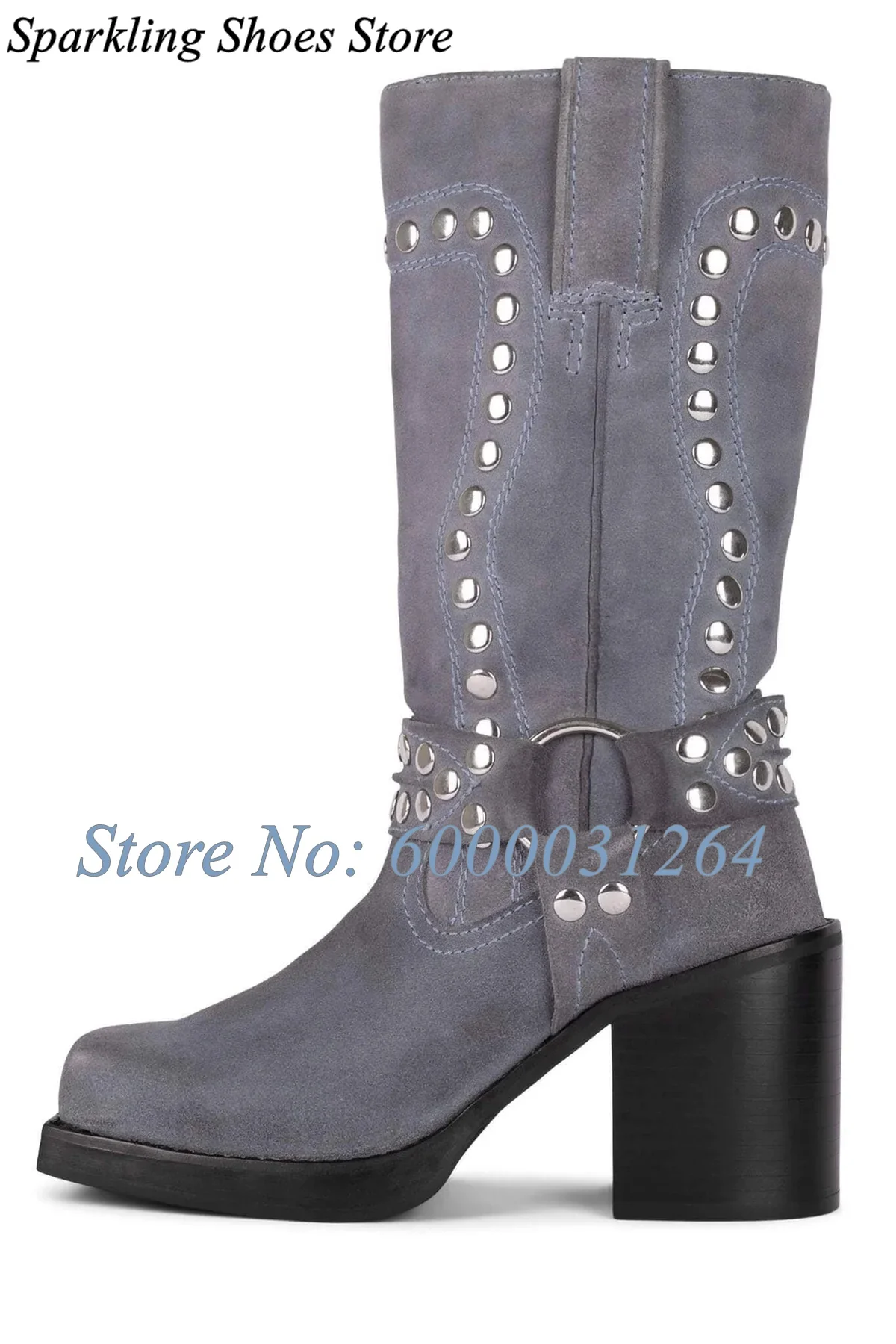 Groene Klinknagels Suède Enkellaarsjes Stud Gesp Decor Blokhak Botas Trek Op Cowboy Vierkante Neus Effen Laarsjes Vrouwen Nieuwe Luxe Schoenen - afbeelding 1