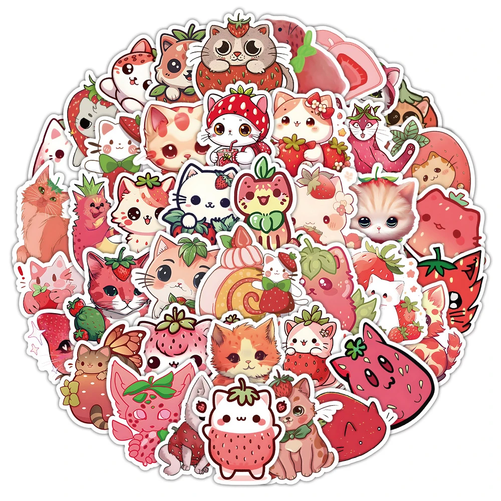 

10/30/50pcs Kawaii Cute Cartoon Strawberry Cat Stickers Decals for Kids Toy Water Bottle Scrapbook Phone Case Graffiti Sticker