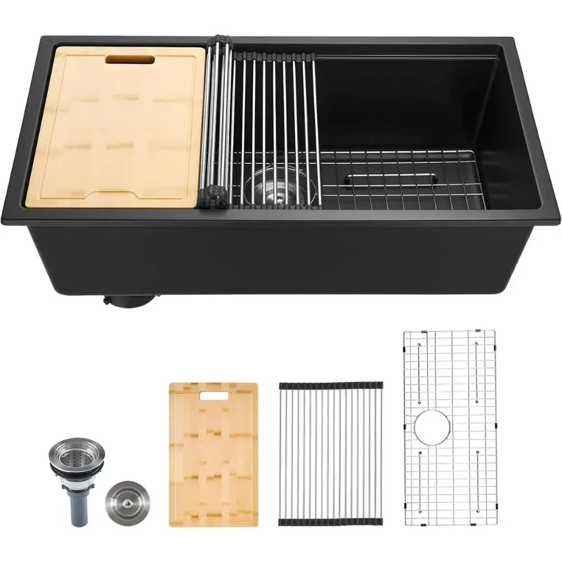 

Кухонная раковина-рабочая станция 33 дюйма, встраиваемая гранитная мойка с одной чашей и множеством аксессуаров, для домашнего использования