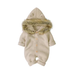 Classic Solid Color Long Sleeve Knit Acrylic Fluffy Hooded Baby Boys & Girls Rompers Soft Newborn Onesie Infant Pajama Clothes