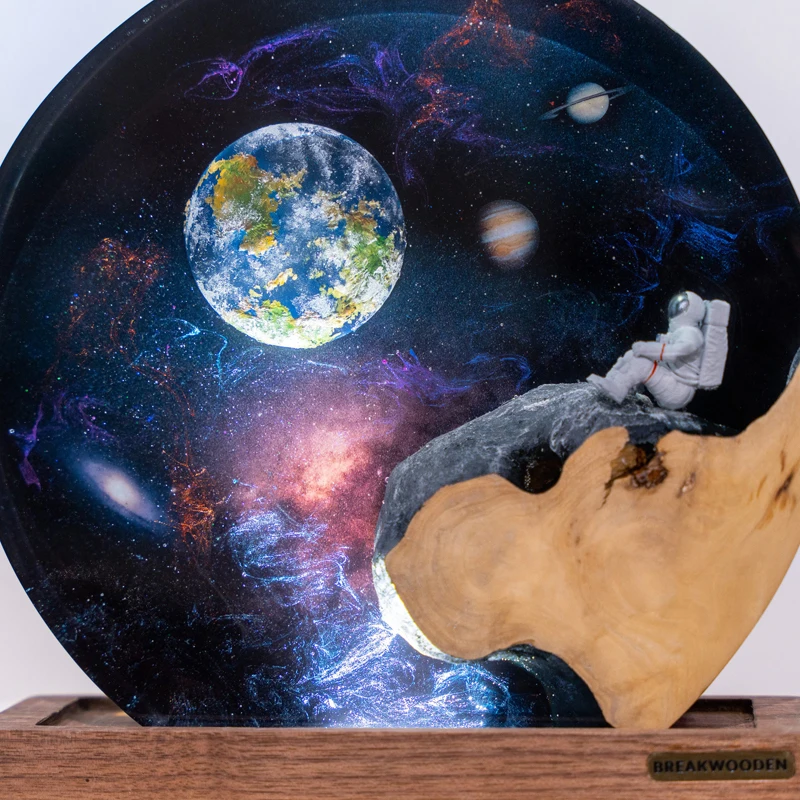 Resina Night Light para decoração de mesa, exploração espacial, organismo, arte criativa, terra, tema dos astronautas, carga USB