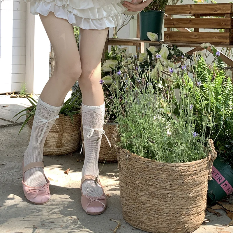 Lace Strap Bow Socks Japanese Lolita Women Hollow Stockings Cosplay Costume Accessory White Ruffles Ankle Socks Mid Tube Hosiery