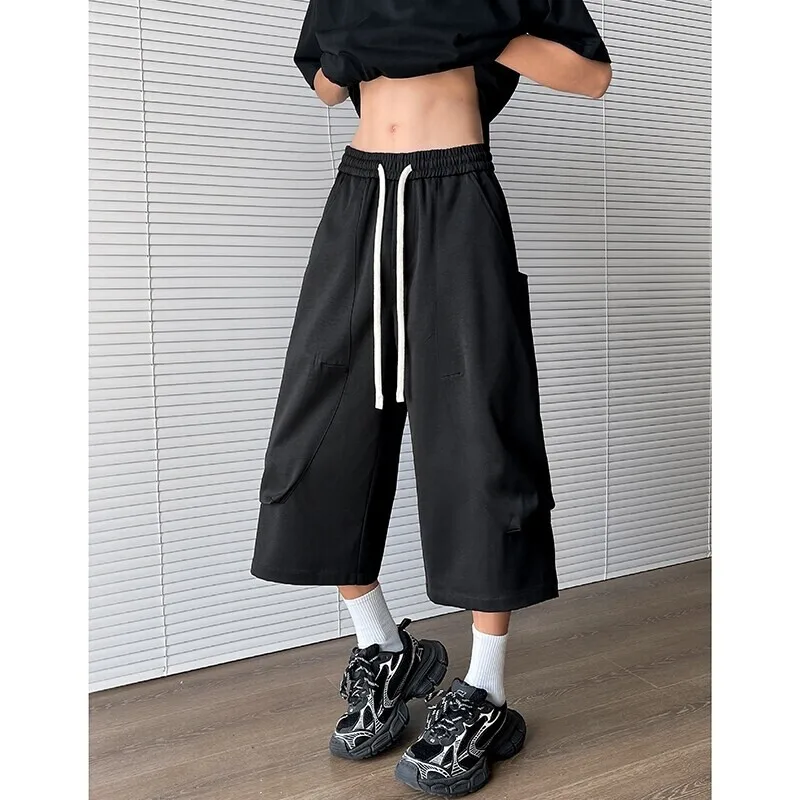 Summer Casual Pants Men Straight Wide Leg Pants Mens Japanese Streetwear Hip-hop Loose Cropped Trousers Man Plus Size 4XL