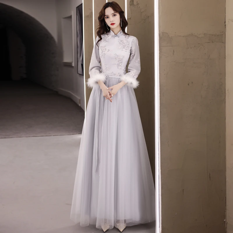 Bridesmaid Evening Dress Chinese Style Autumn Winter New Long Sleeve Cheongsam Vestidso Mandarin Collar Gray Qipao Vestidso