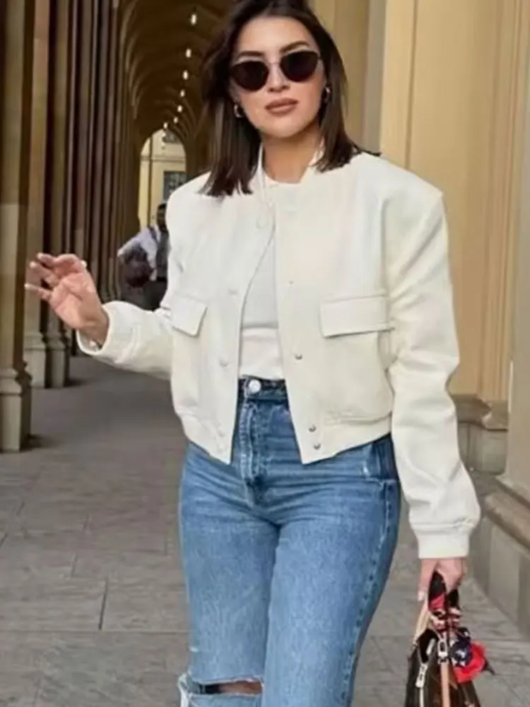 HH 2024 Autumn Female Fashion Bomber Jacket Long Sleeves Single Breasted Solid Zipper Fly Casual Coats Street Outerwear