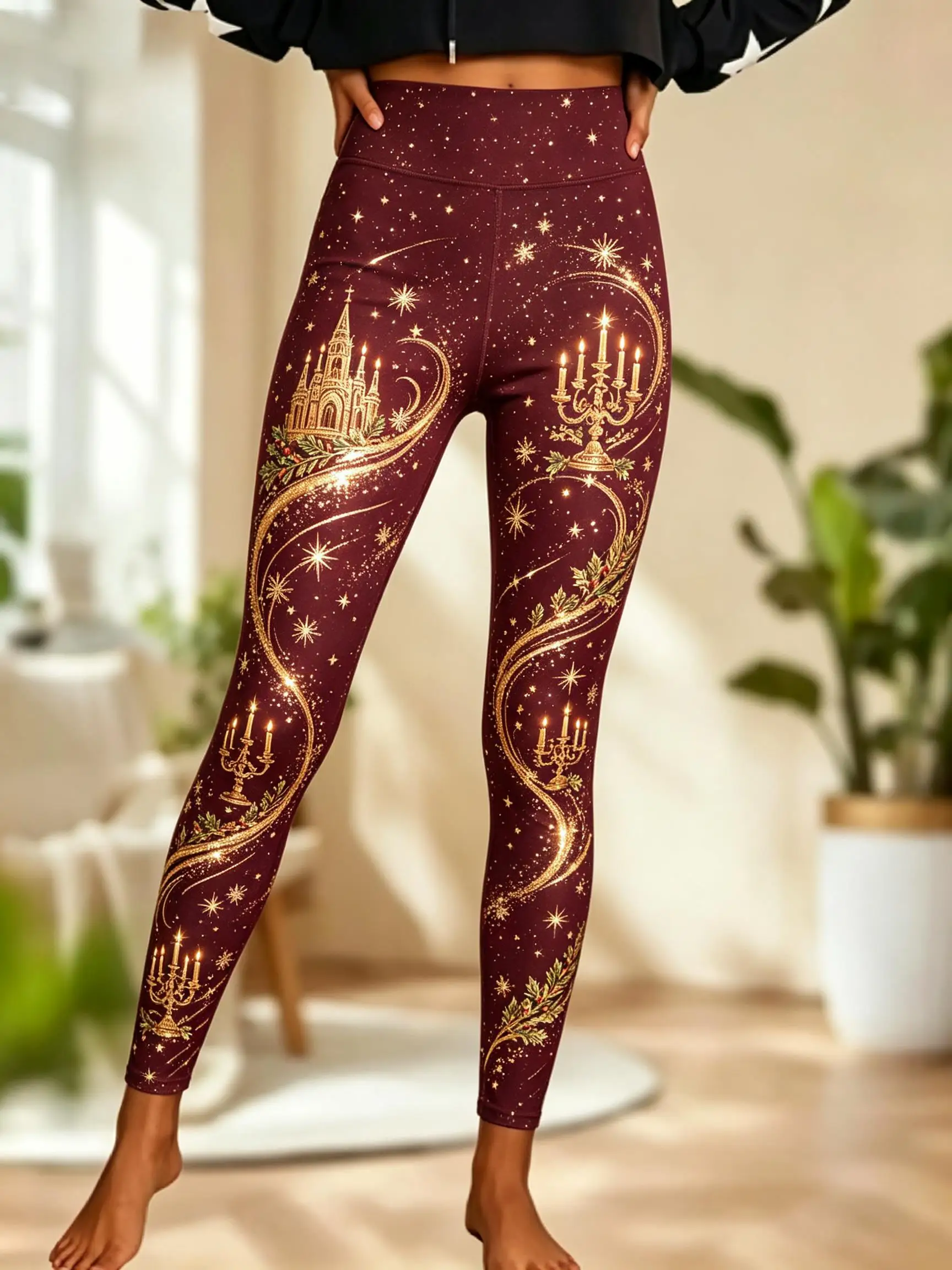 Women Mid Waist Fleece Lined Leggings Christmas Golden Castle Candelabra Star Print Slim Stretch Holiday Party Trousers