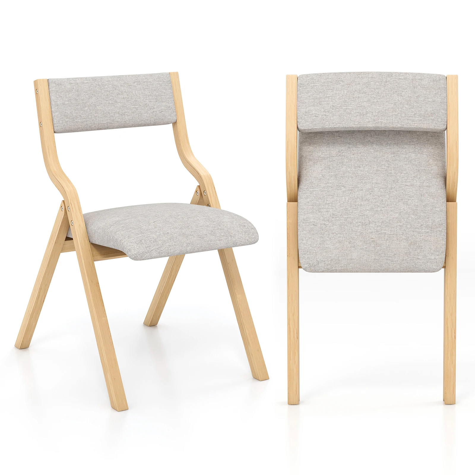 Folding Dining Chair Set of 2 Wooden Upholstered Modern Linen Fabric Padded Seat