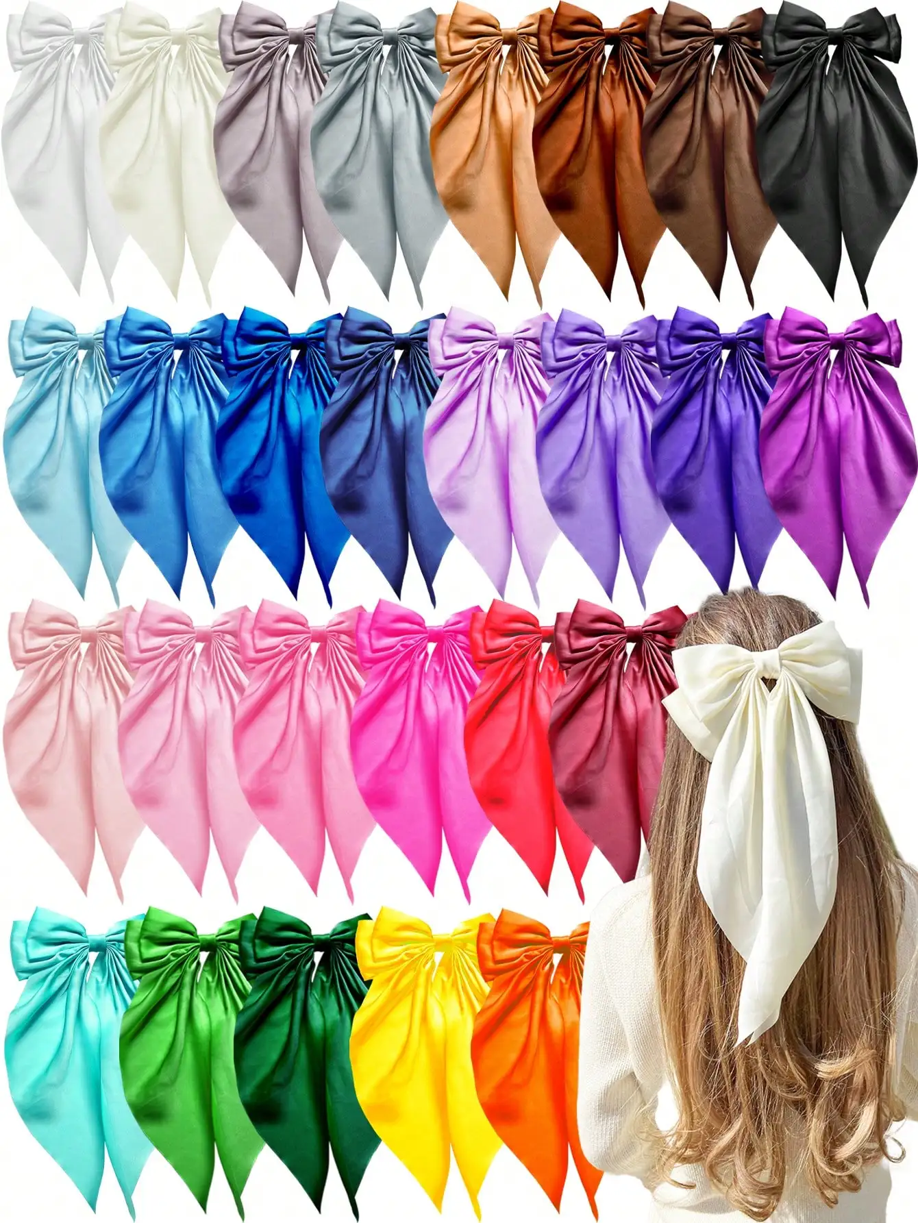 

20pcs Satin Bow Hair Clips for Women & Girls, Elegant Long-Tail Bows in Assorted Colors