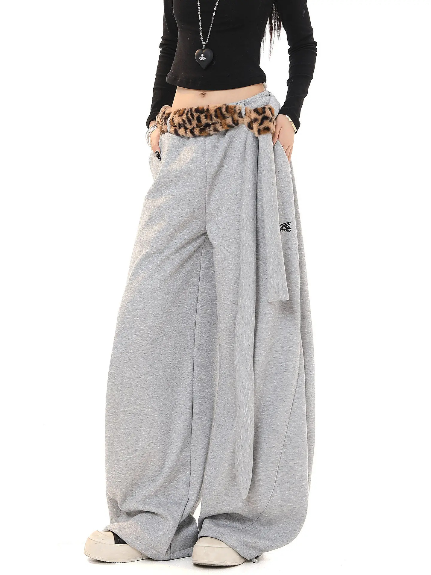 

American Retro Plush Waist Belt Wide Leg Pants Women's Spring Autumn Loose Versatile Slim Drape Thick Warm Casual Trousers