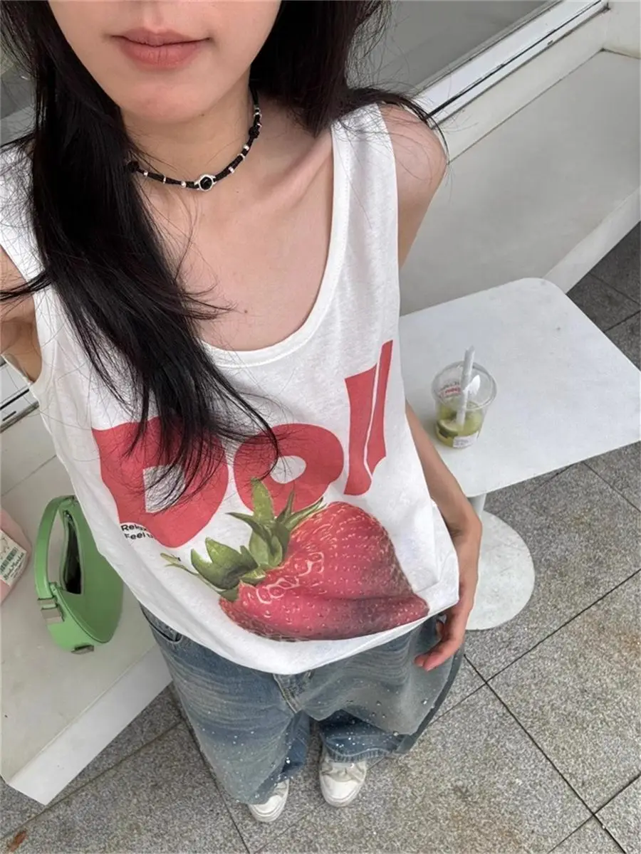 Genayooa Y2k Print Tank Tops Women Casual Loose Graphic Tops Vintage Halter Tops Streetwear Korean Style Summer Camis Tops 2000s