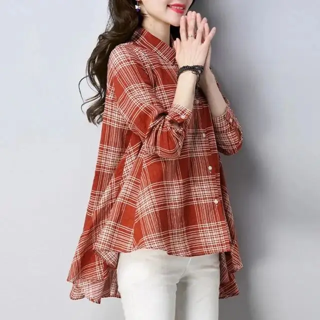 Korean Fashion Asymmetrical Plaid Shirt Women Clothing 2022 Autumn New Casual Commuter All-match Lapel Long Sleeve Loose Blouses