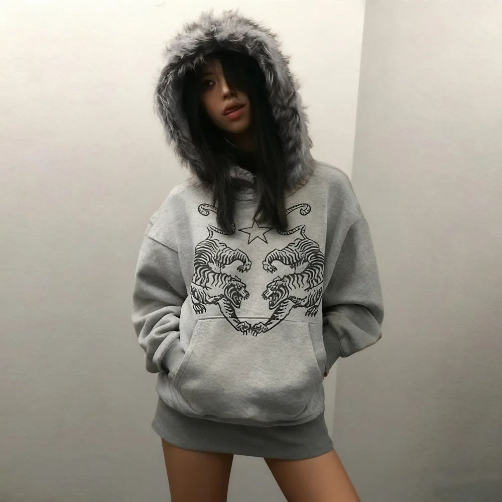 Y2K New Retro Hoodie Men's and Women's Wool Collar Printed Hoodie Autumn/Winter Thick Plush Collar Hoodie INS