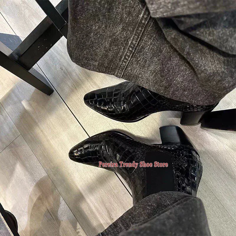 British Style Black Chelsea Boots for Men Crocodile Pattern Cowhide Thick Heel Pointed Toe Short Boots Party Wedding Shoes