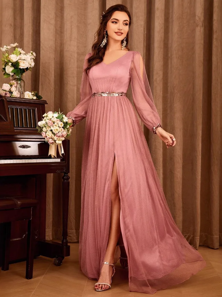 

Ele V-Ne Long Sve Me Dr Women's Host Dr Birthday Par Formal Evening Gown mid Waist Silk Fabric