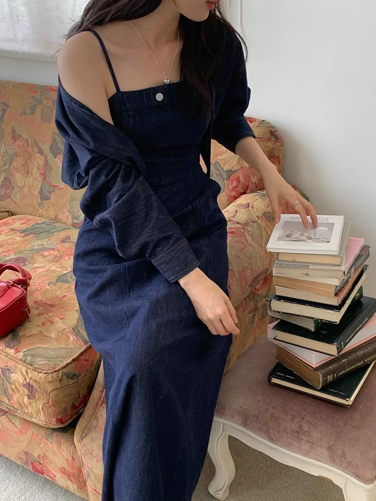 Two 2 Piece Denim Dress Sets Women Fall Spring Fashion Square Collar Spaghetti Strap Jean Dress Open Stitch Jacket Coat Suits