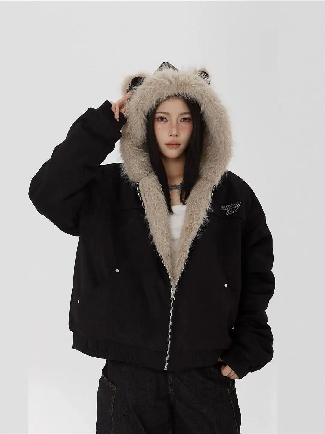 

Зимний хлопковый джат в стиле ретро American Sle Thiened для мужчин и женщин с меховым воротником и замшевым материалом Youth Faion