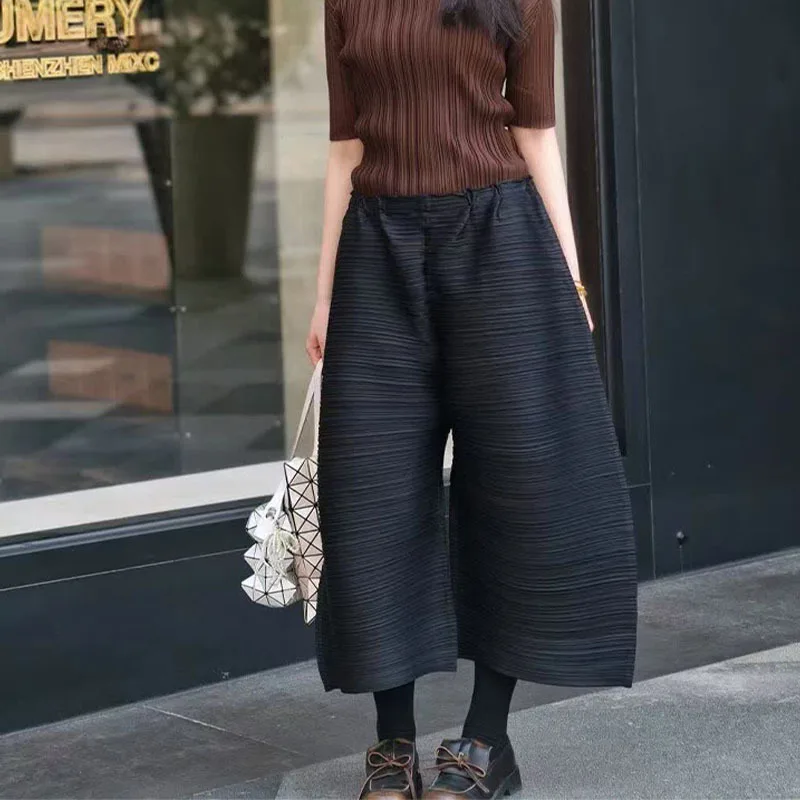 

Miyake Retro Loose Casual Solid Color Cropped Pants for Summer 2025, Elastic High Waisted Wide Leg Pleated Pants