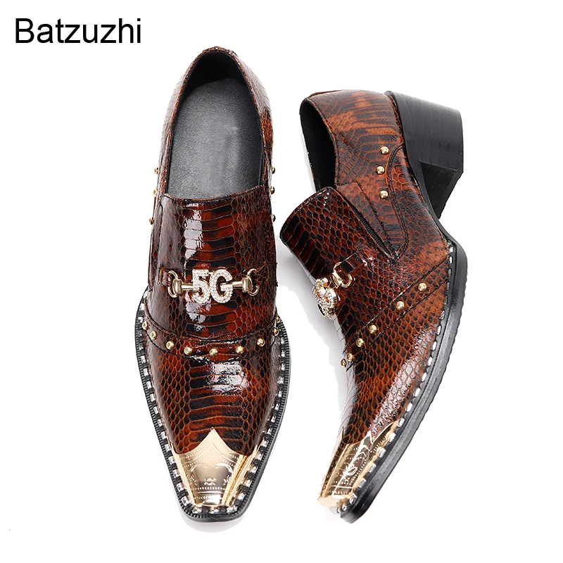 Batzuzhi Men\'s Shoes Italian Style Pointed Metal Toe Leather Dress Shoes Men Slip on Oxfords Shoes for Men\'s Party and Wedding