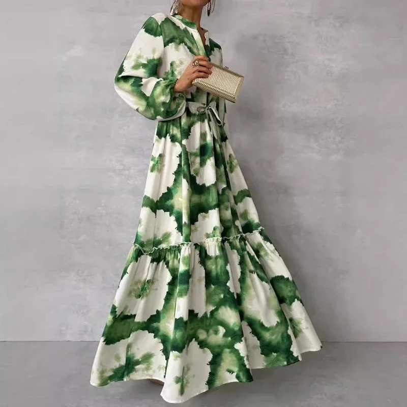 Elegant V Neck Pleated Printing Dress for Women Wedding Up Long Office Lady Outfit 2024 Spring Summer A-Line Boho Maxi Dresses
