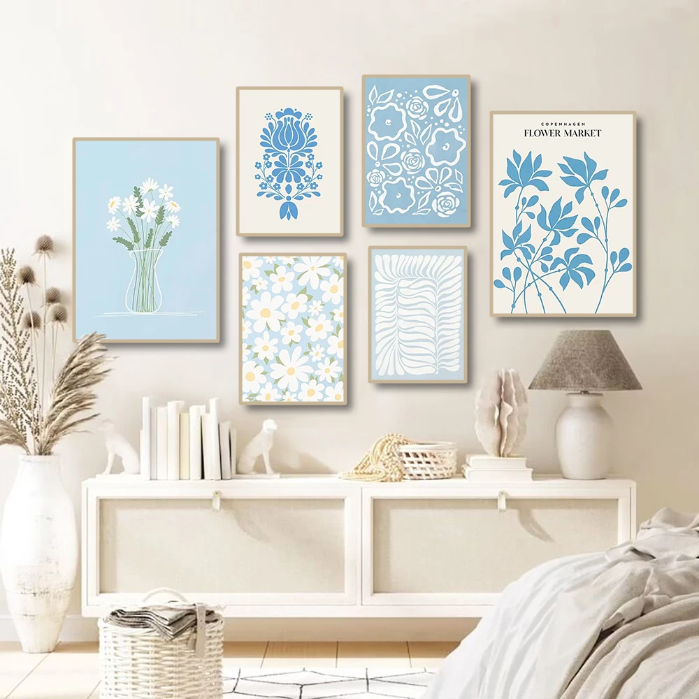 Peinture sur toile minimaliste sur le thème du marché des fleurs bleues, affiches et imprimés nordiques, images murales abstraites pour décoration de salon