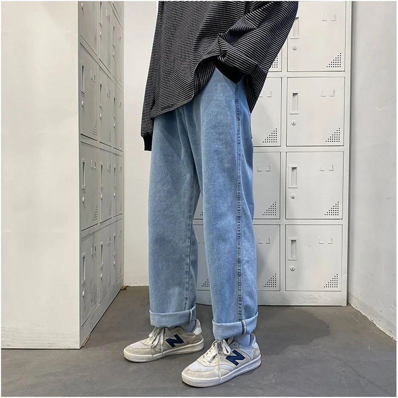 Popularity High Street Retro Hip Hop Fashion Juvenile Pure Color Baggy Men Denim Trousers Korean Style Casual Wide Leg Jeans