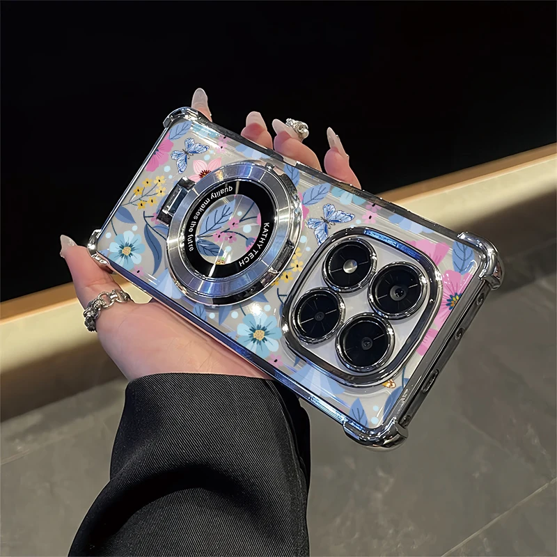 Beautiful Flowers Pattern Phone Case For OPPO Reamle C85 Pro C65 4G C71 C75 C55 C53 Shockproof Bracket Plating Clear Cover
