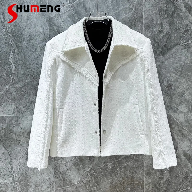 

Men's 2025 Autumn New Padded Shoulder Tassel Jackets Male Stylish High-End Trendy Coats Men's Long Sleeve Solid Color Chic Tops